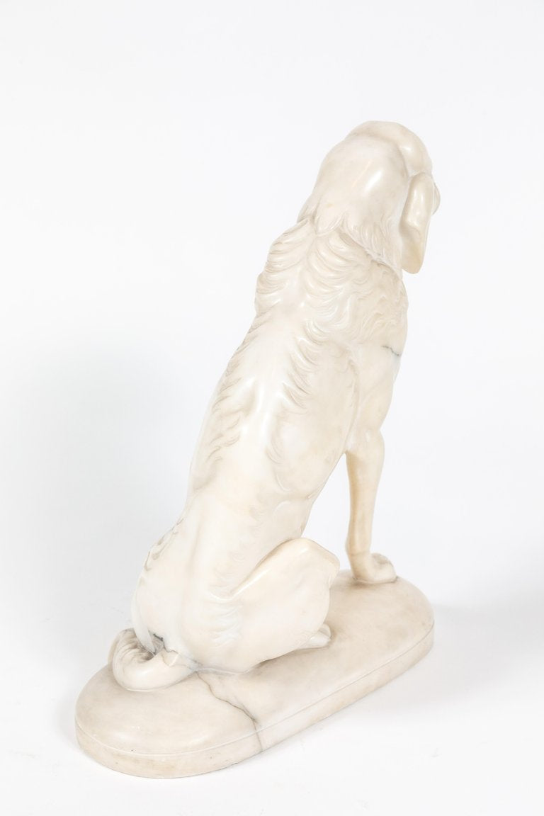 Turn-of-the-Century Italian Carrara Marble Hounds – Seated Left & Right Pair c. 1900