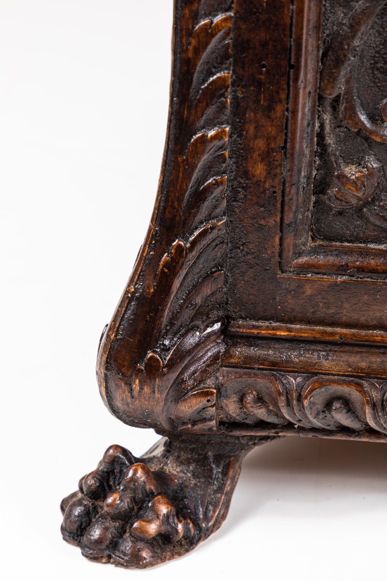 Large 19th Century Italian Walnut Coffer – Relief-Carved Shields & Foliate Scrolls on Paw Feet