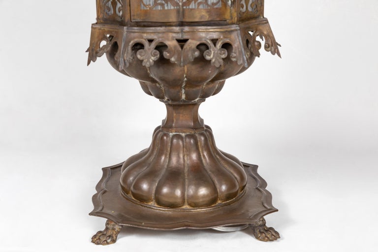 Intricate 19th Century Venetian Copper Lanterns – Pierced Foliate Forms with Murano Glass Windows c. 1880