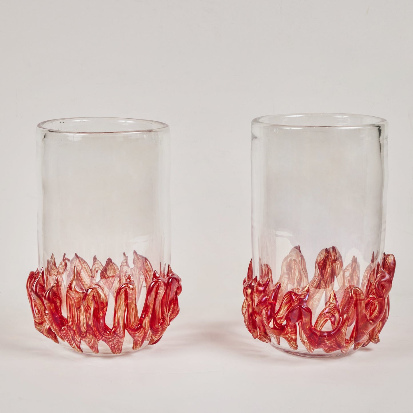 Signed Pair Murano Glass Vases With Flame Detail