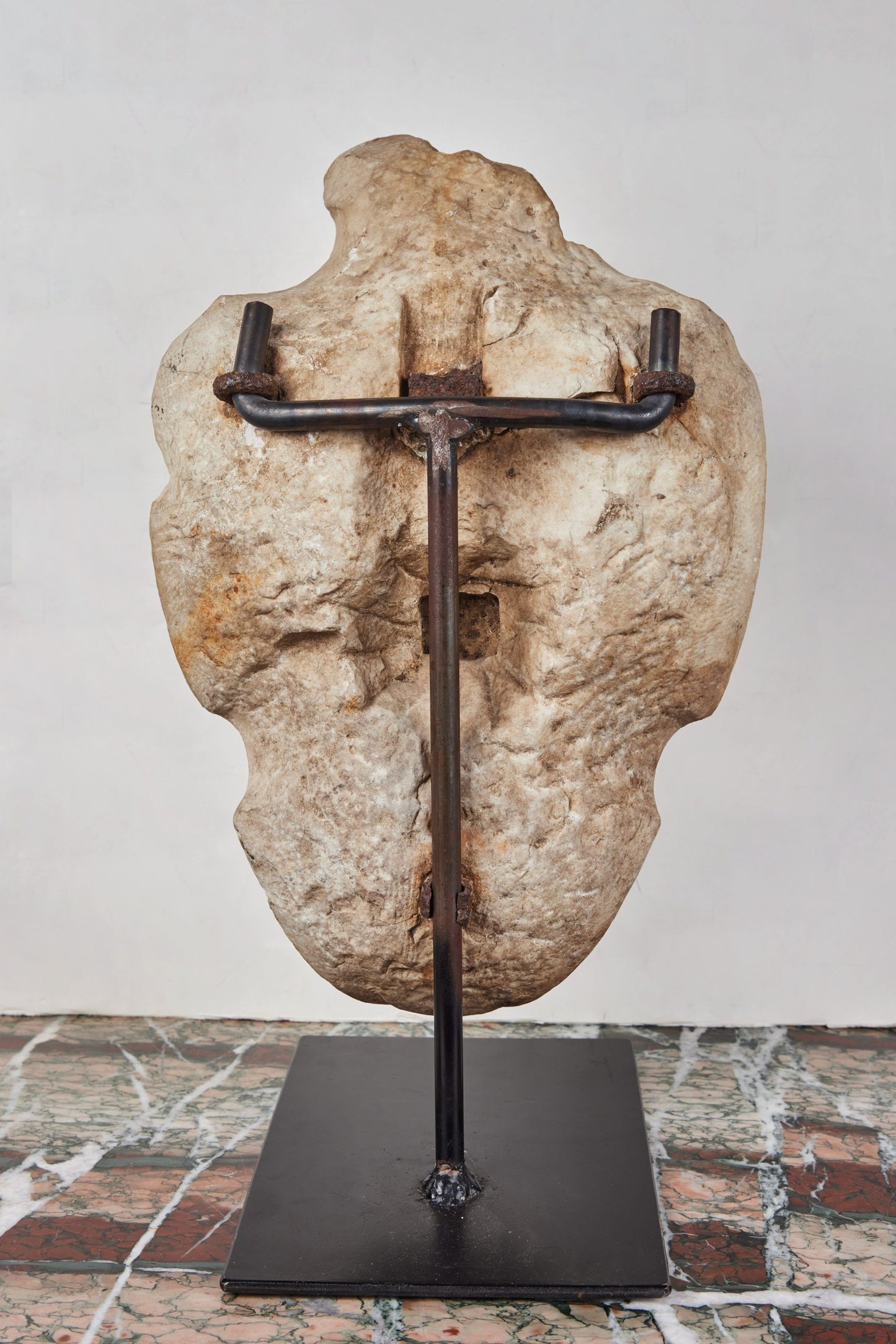 16th Century French Carrara Marble Coat of Arms – Fleur-de-Lis Shield on Iron Stand