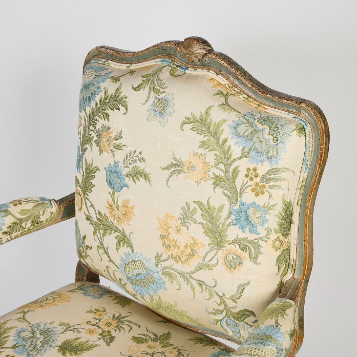 18th Century Louis XV Painted Armchair – Hand-Carved French Fauteuil with Italian Coraggio Upholstery