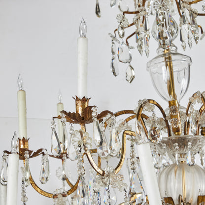 Exceptional 28 Light Gilt Tole and Crystal Chandelier