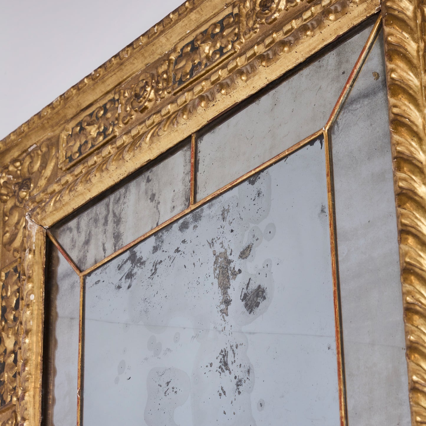 Italian Hand-Carved, Gilded with Painted Framed Sectioned Mirror — 18th Century