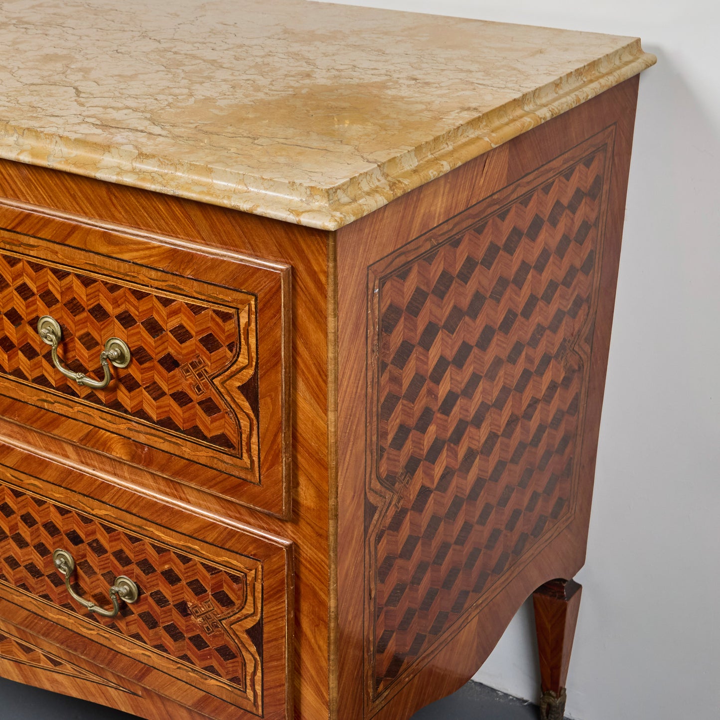 Pair of 19th Century Italian Fruitwood and Walnut Marquetry Commodes with Sienna Marble Tops