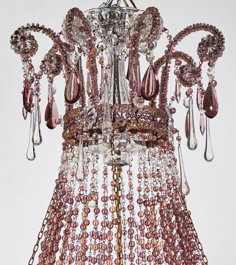 Grand 1950s French Lavender Crystal Chandelier – Etched Column with Beaded Arms & Dramatic Crystal Swags