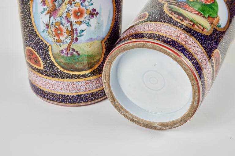 c. 1850 Pair of French Chinoiserie Vases – Hand-Painted Porcelain with Gilt Bronze Necks