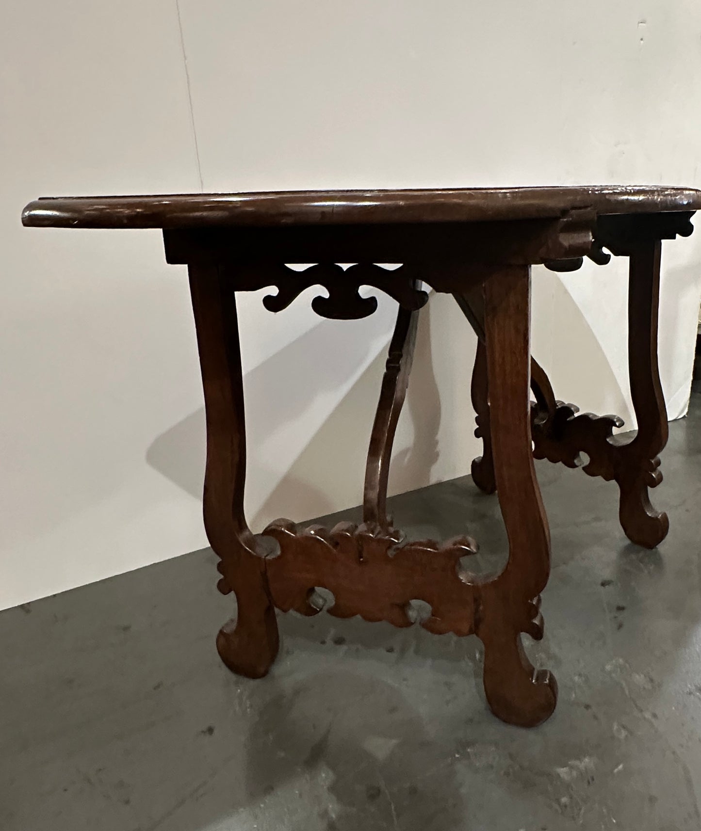 Pair of Late 1700's Walnut Trestle Leg Demi-lune Console Tables