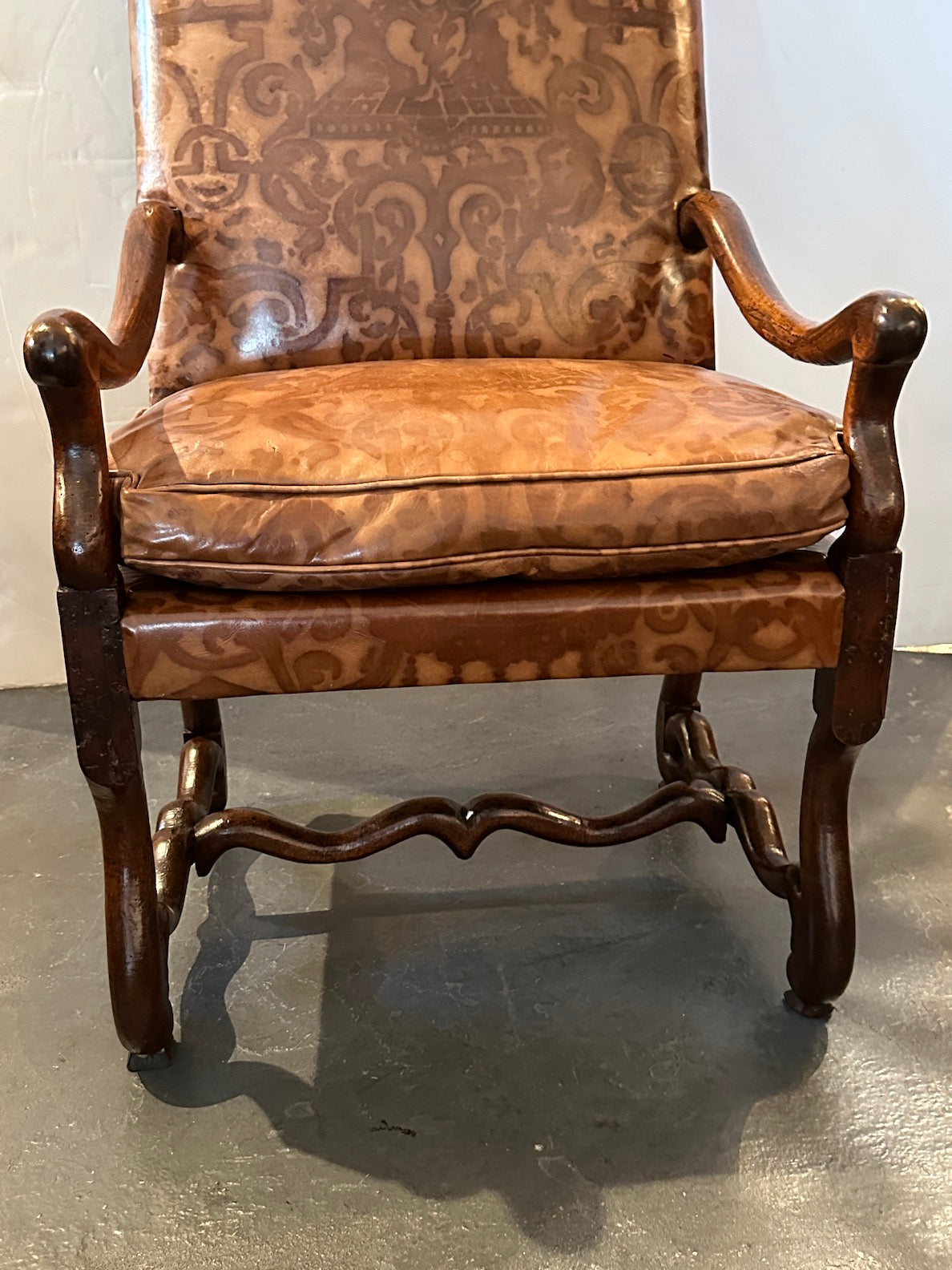 19th Century Italian Walnut Armchair with Burnished Patterned Leather