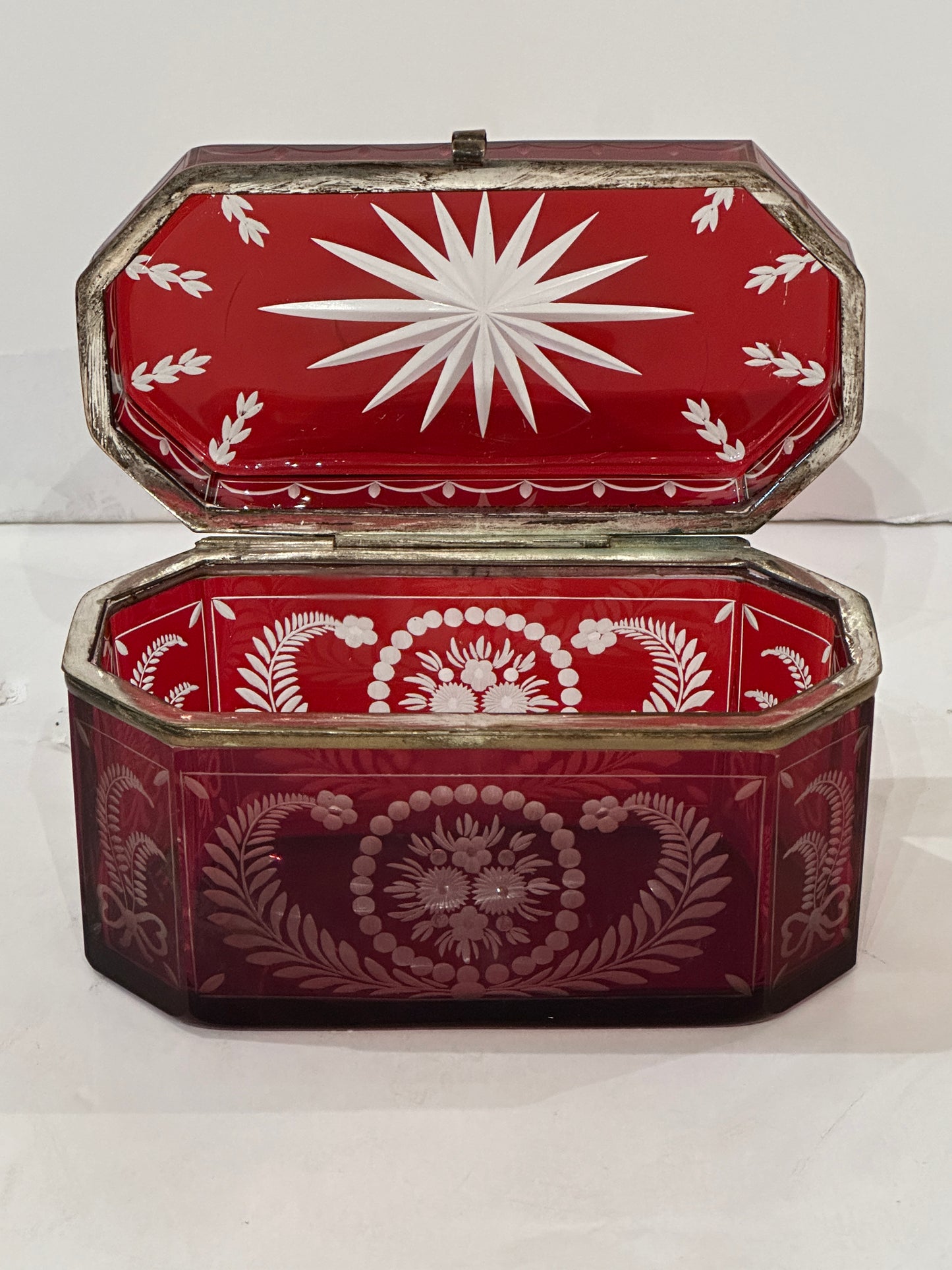 19th Century Cut and Etched Cranberry Glass Box