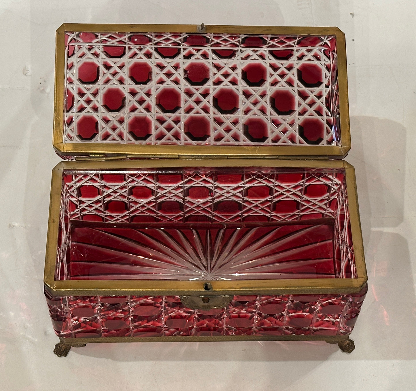 English, George VI Cut Glass Hinged Box with Incised Gilt Bronze Mounts