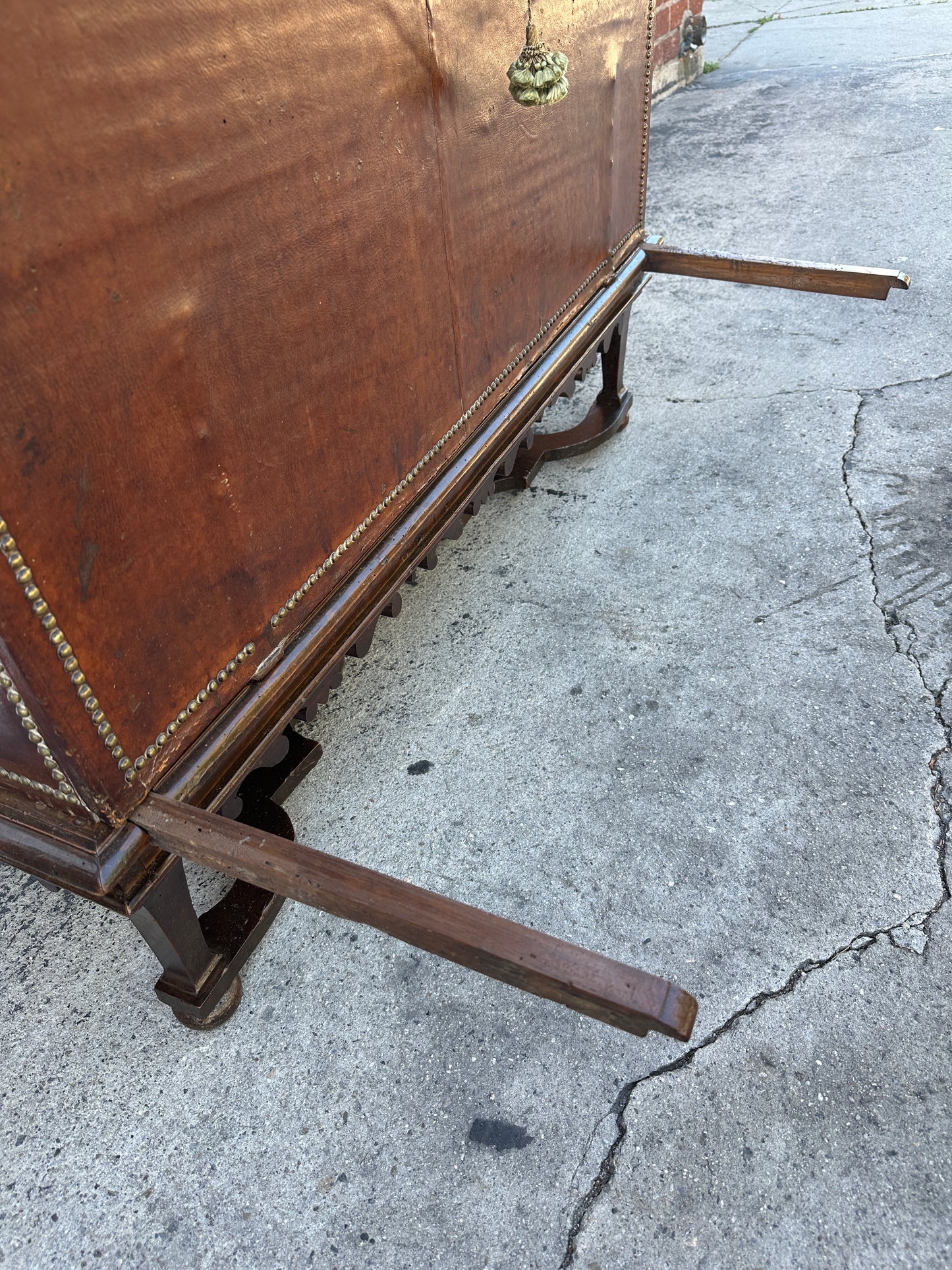 Italian Leather Storage Chest with Nailhead Trim on Custom Walnut Stand — Circa 1800