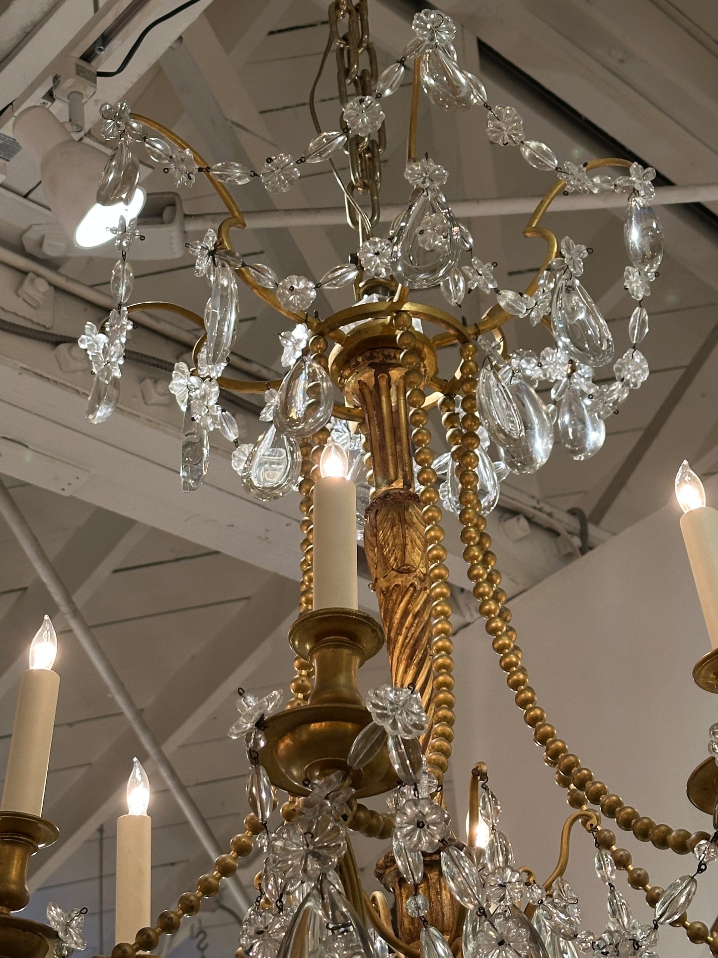 One of a Near Pair-Italian Gilded Bronze, Gilt-wood and Crystal Chandelier -19th century