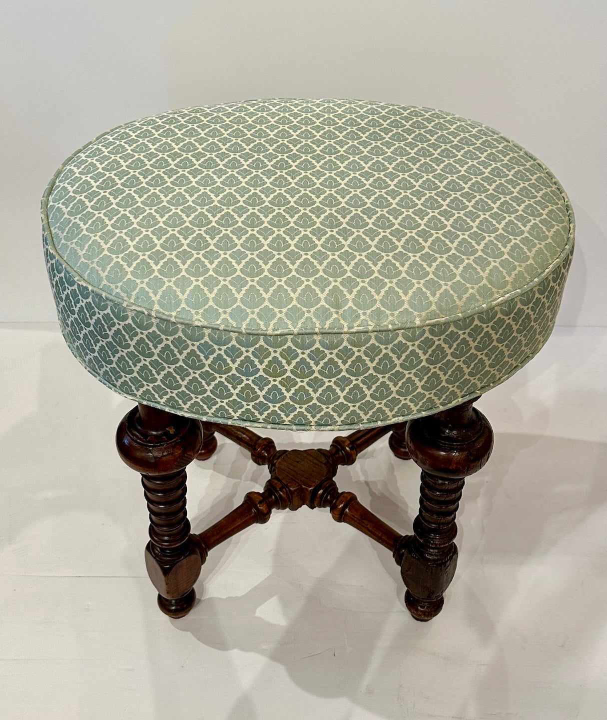 Circa 1880 Pair of Tuscan Hand-Carved Walnut Benches – Italian Stools with Scalamandré Upholstery