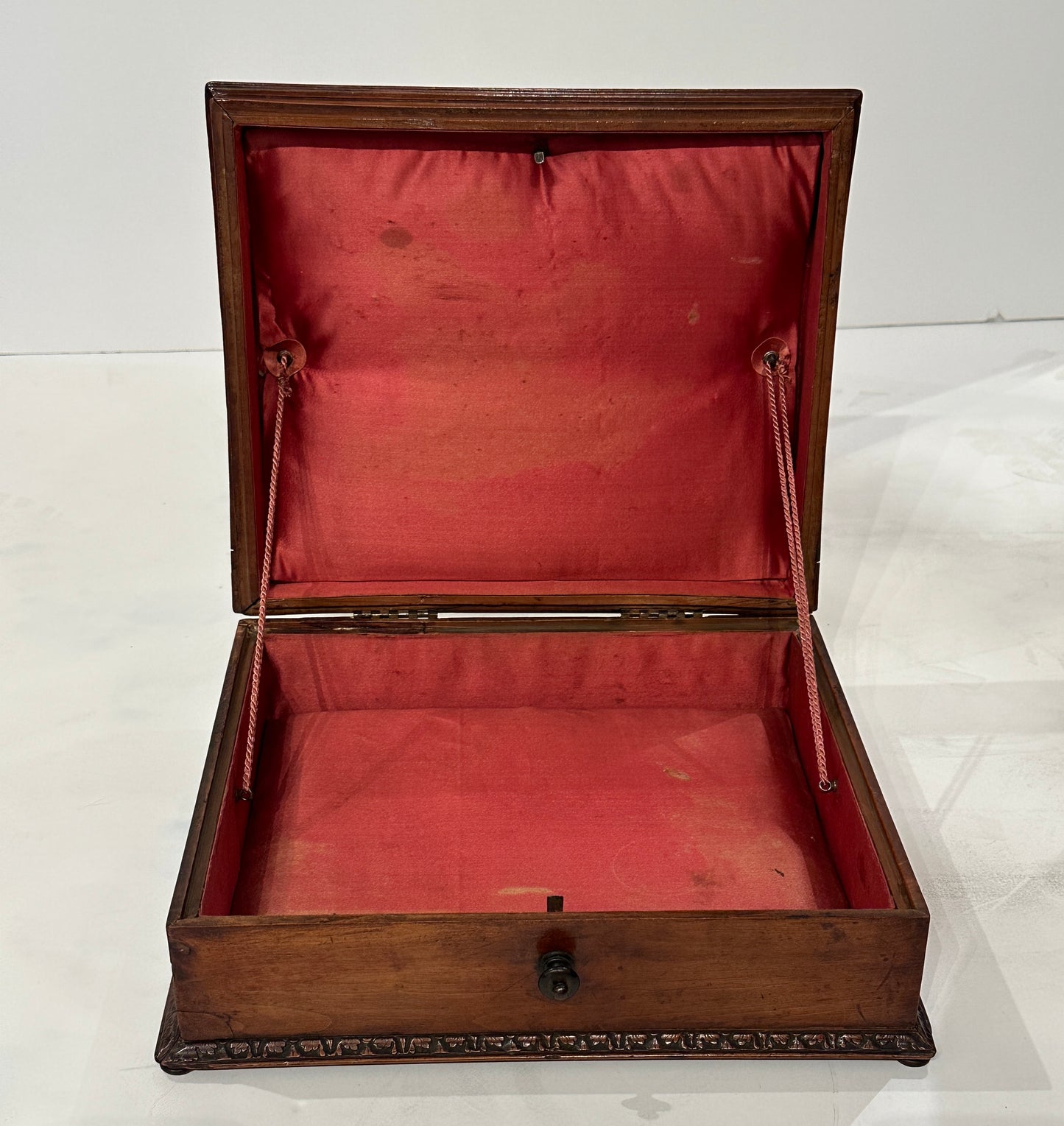 18th Century Carved Walnut Box – Italian Hand-Carved Phoenix & Floral Design Silk Lined (Circa 1780 Florence)