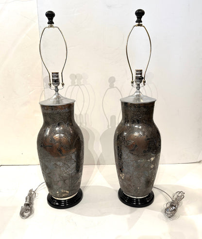 Pair of Silver Plated Etched Urn Lamps