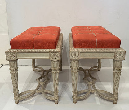 Pair of Gessoed and Waxed Upholstered Benches