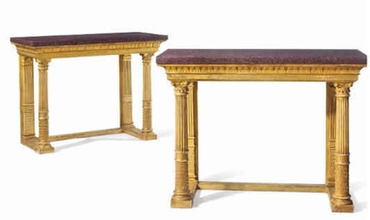 Pair of Gilt Wood and Porphyry Veneered Top Consoles