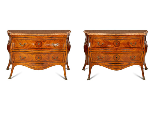 Pair of Bombe Fruitwood Marquetry Marble Top Commodes