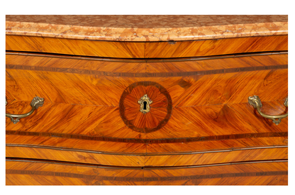 Pair of Bombe Fruitwood Marquetry Marble Top Commodes