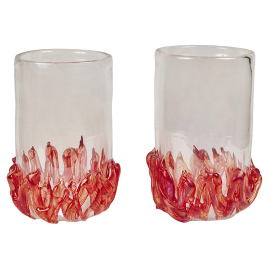 Signed Pair Murano Glass Vases With Flame Detail