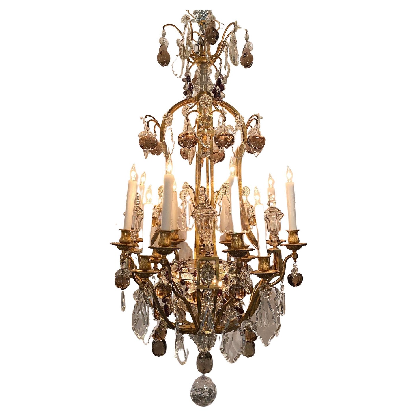 Louis XVI Style Gilded Bronze and Crystal Chandelier with Colored Crystal Fruits – Antique French 14-Light Lighting