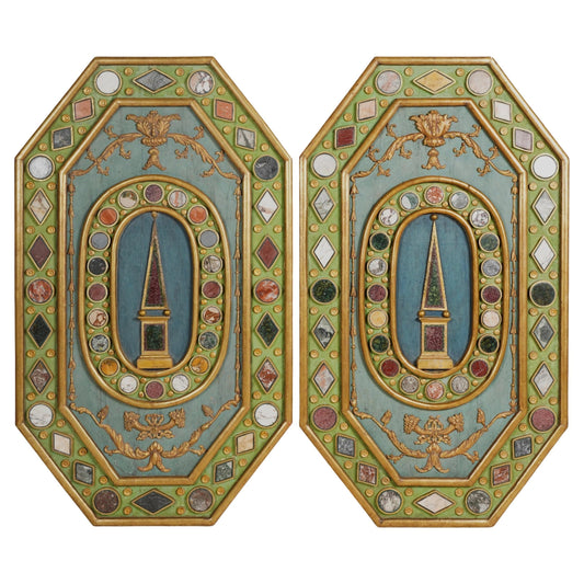Pair of Polychrome, Gilt Wood Panels with Specimen Marble and Porphyry