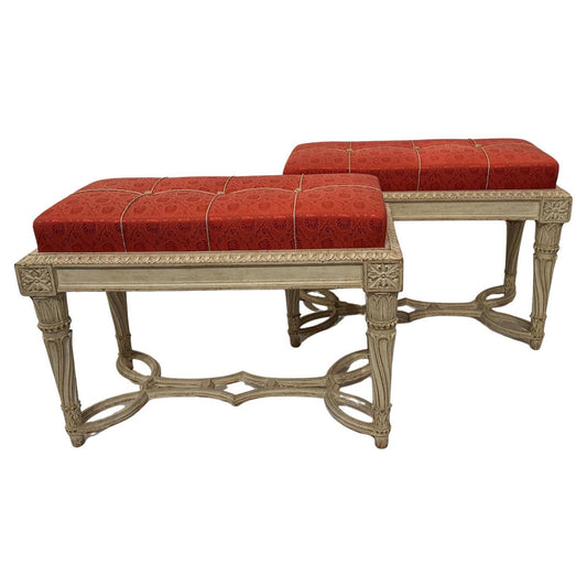 Pair of Gessoed and Waxed Upholstered Benches