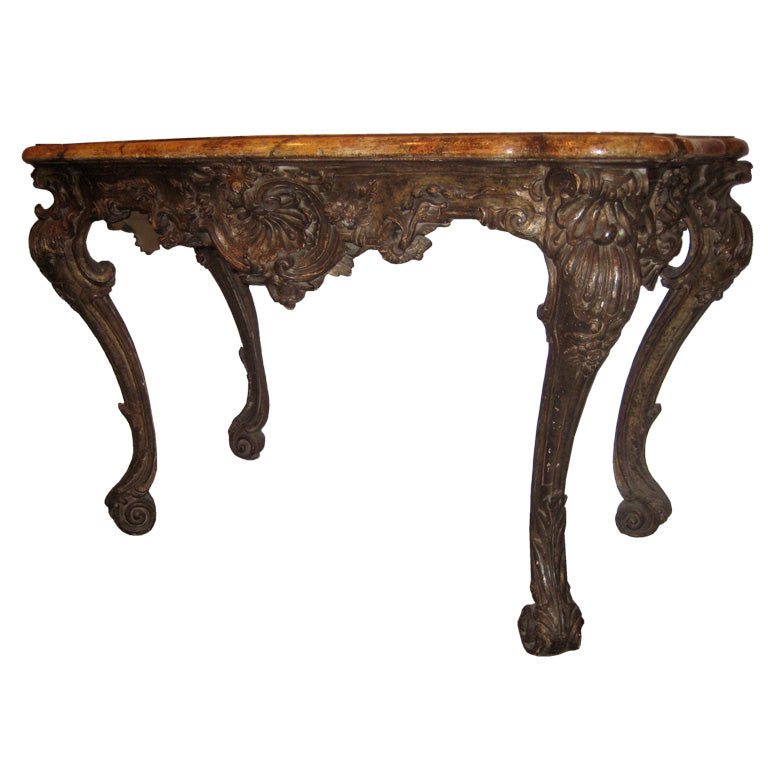 Early 20th Century Silver Gilded Florentine Console Table Hand-Carved with Shell Reliefs and Faux Marble Top