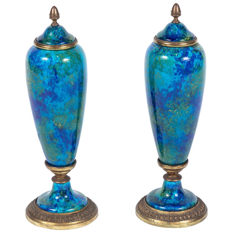 Petite, Turquoise, Porcelain Urns, circa 1910