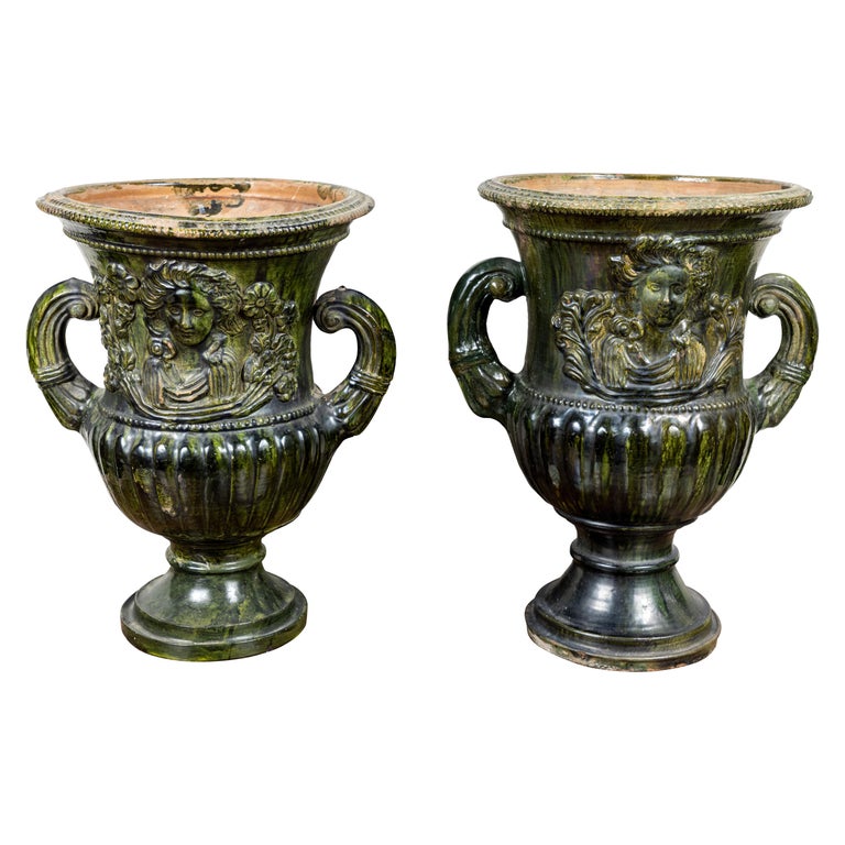 Rare, 19th C., Sicilian, Green Glazed Urns