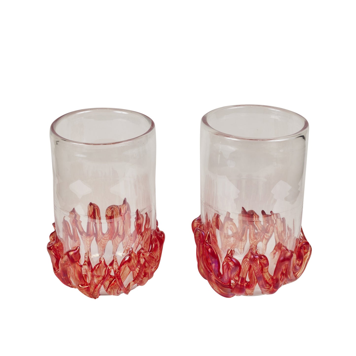 Signed Pair Murano Glass Vases With Flame Detail