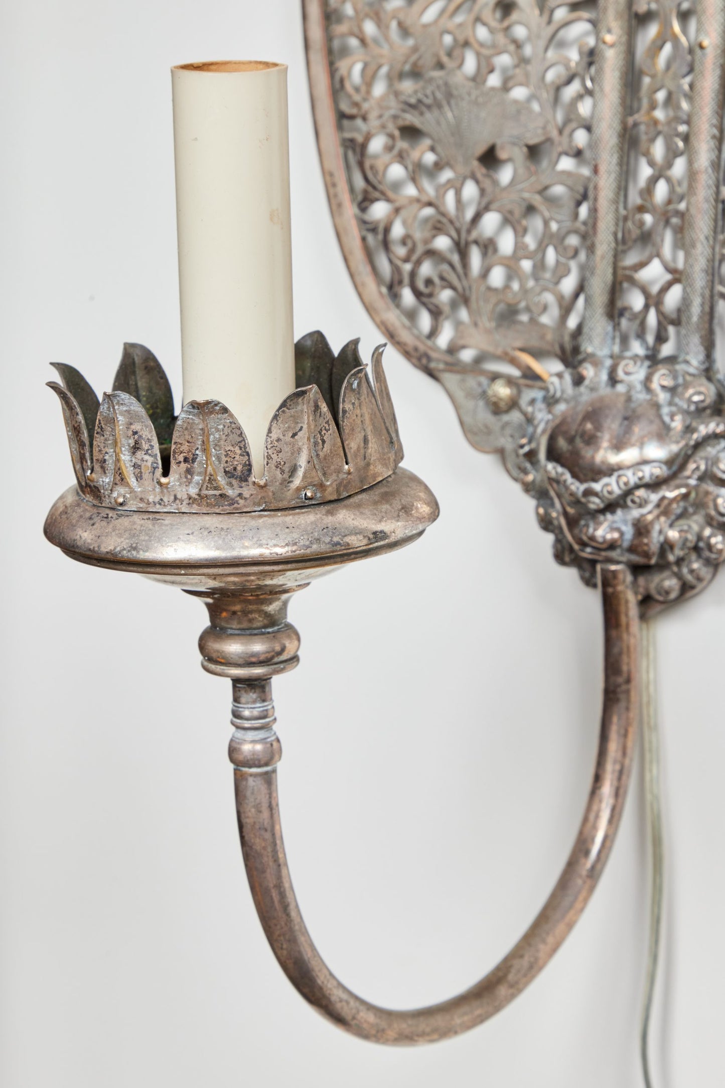 Antique, Silver Plated Chinoiserie Sconces