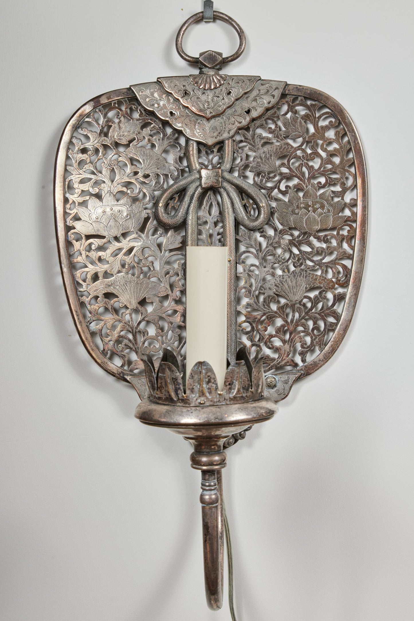 Antique, Silver Plated Chinoiserie Sconces