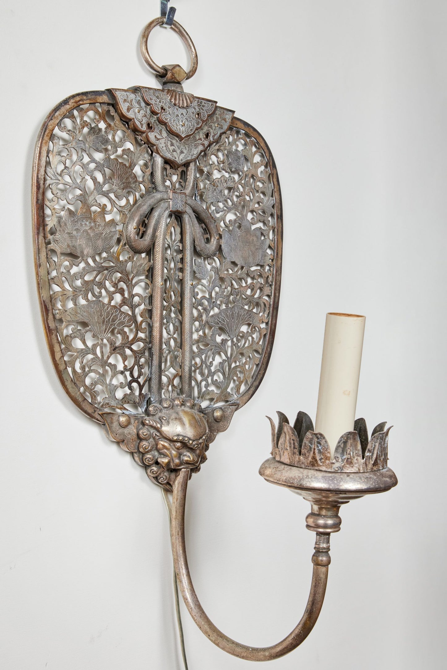 Antique, Silver Plated Chinoiserie Sconces