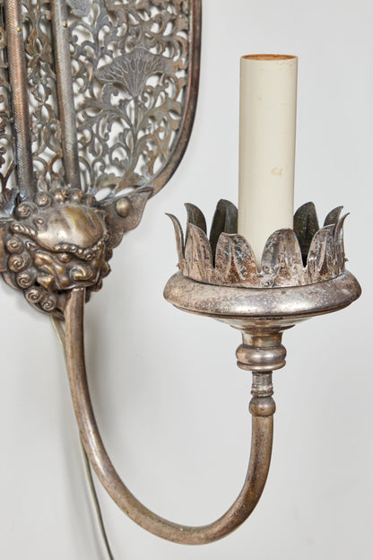 Antique, Silver Plated Chinoiserie Sconces