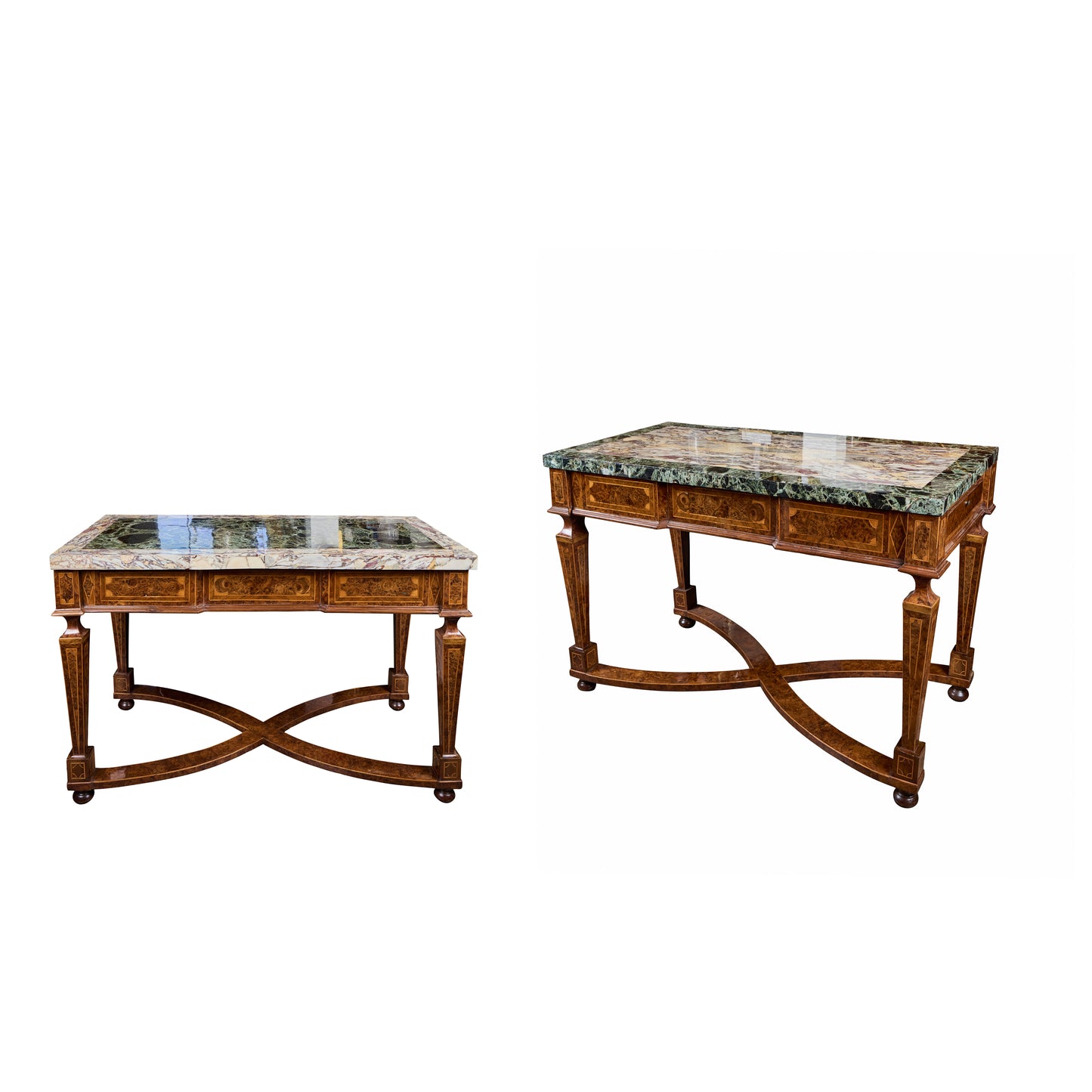 Pair of Italian 19th Century Burled Walnut and Pear-wood Consoles with Marble Tops
