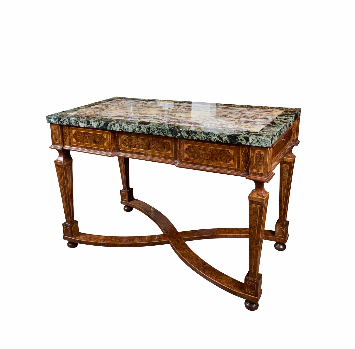 Pair of Italian 19th Century Burled Walnut and Pear-wood Consoles with Marble Tops