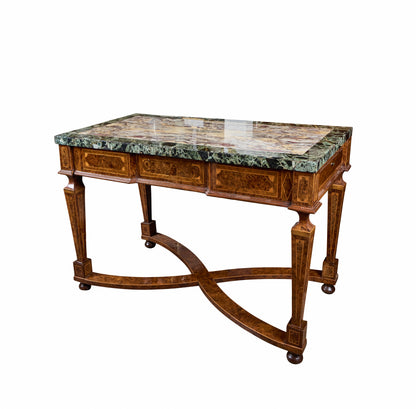 Pair of Italian 19th Century Burled Walnut and Pear-wood Consoles with Marble Tops