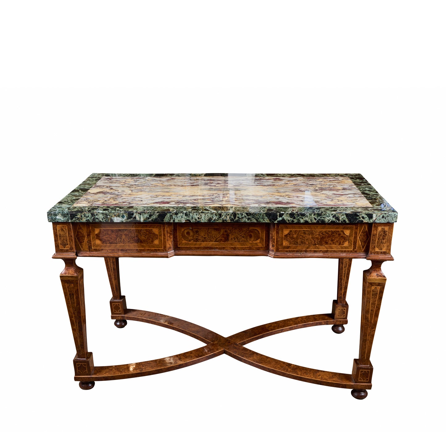 Pair of Italian 19th Century Burled Walnut and Pear-wood Consoles with Marble Tops