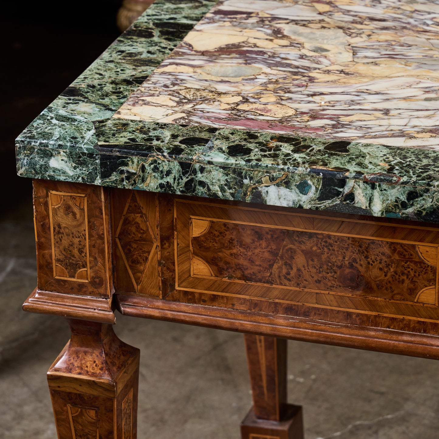Pair of Italian 19th Century Burled Walnut and Pear-wood Consoles with Marble Tops