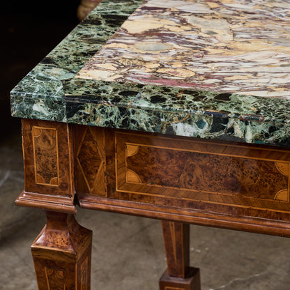Pair of Italian 19th Century Burled Walnut and Pear-wood Consoles with Marble Tops