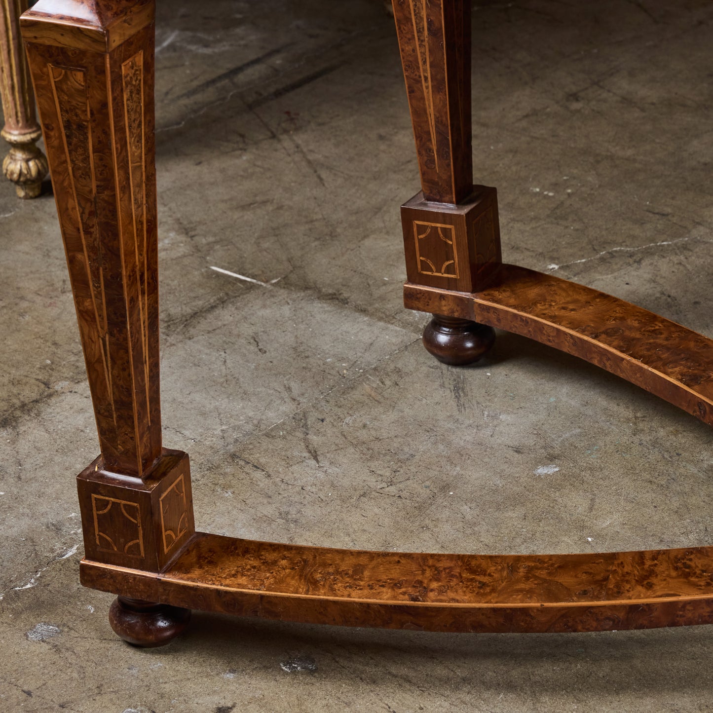 Pair of Italian 19th Century Burled Walnut and Pear-wood Consoles with Marble Tops