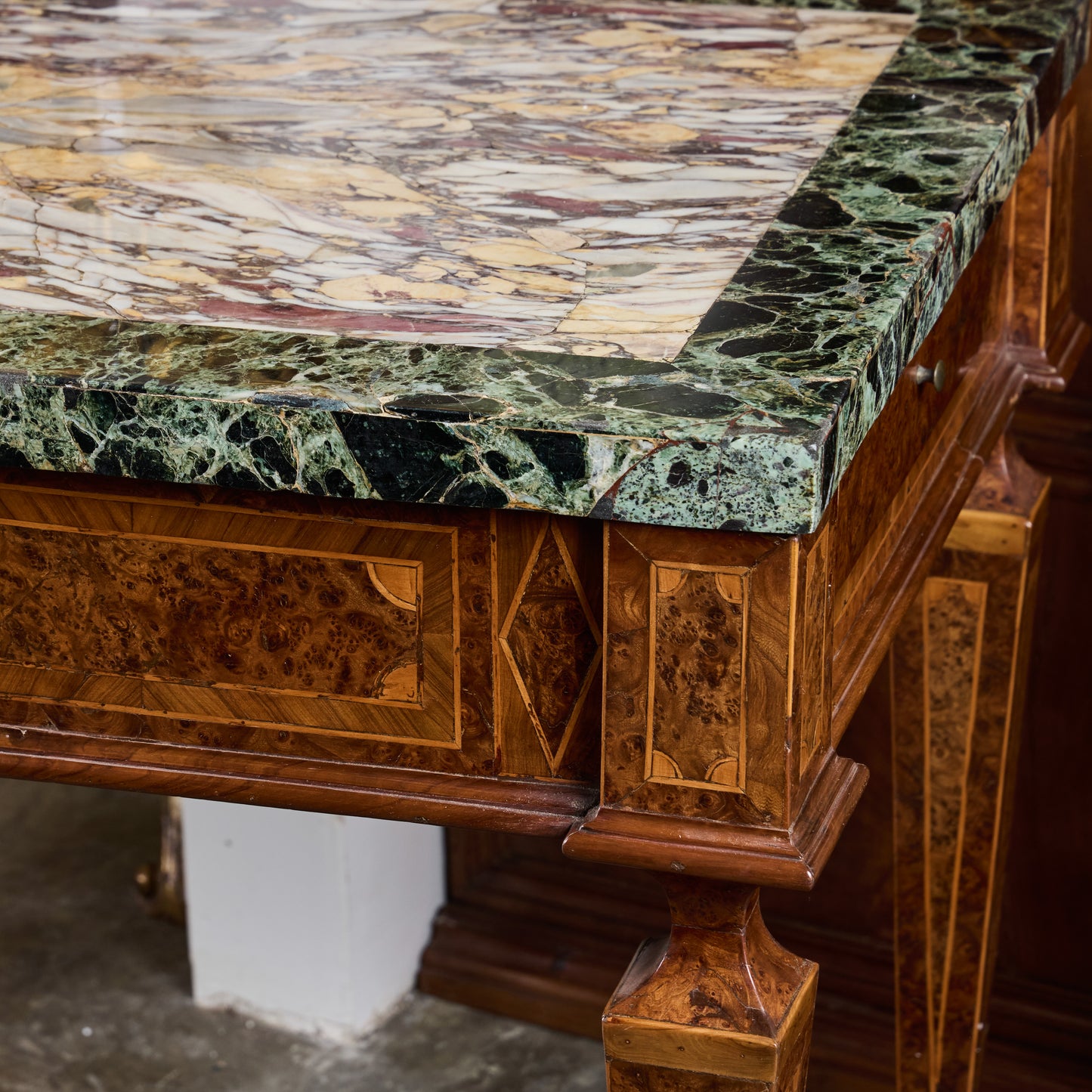 Pair of Italian 19th Century Burled Walnut and Pear-wood Consoles with Marble Tops