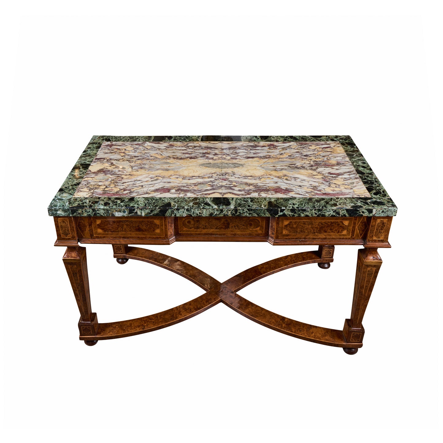 Pair of Italian 19th Century Burled Walnut and Pear-wood Consoles with Marble Tops