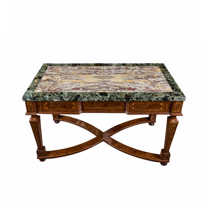 Pair of Italian 19th Century Burled Walnut and Pear-wood Consoles with Marble Tops