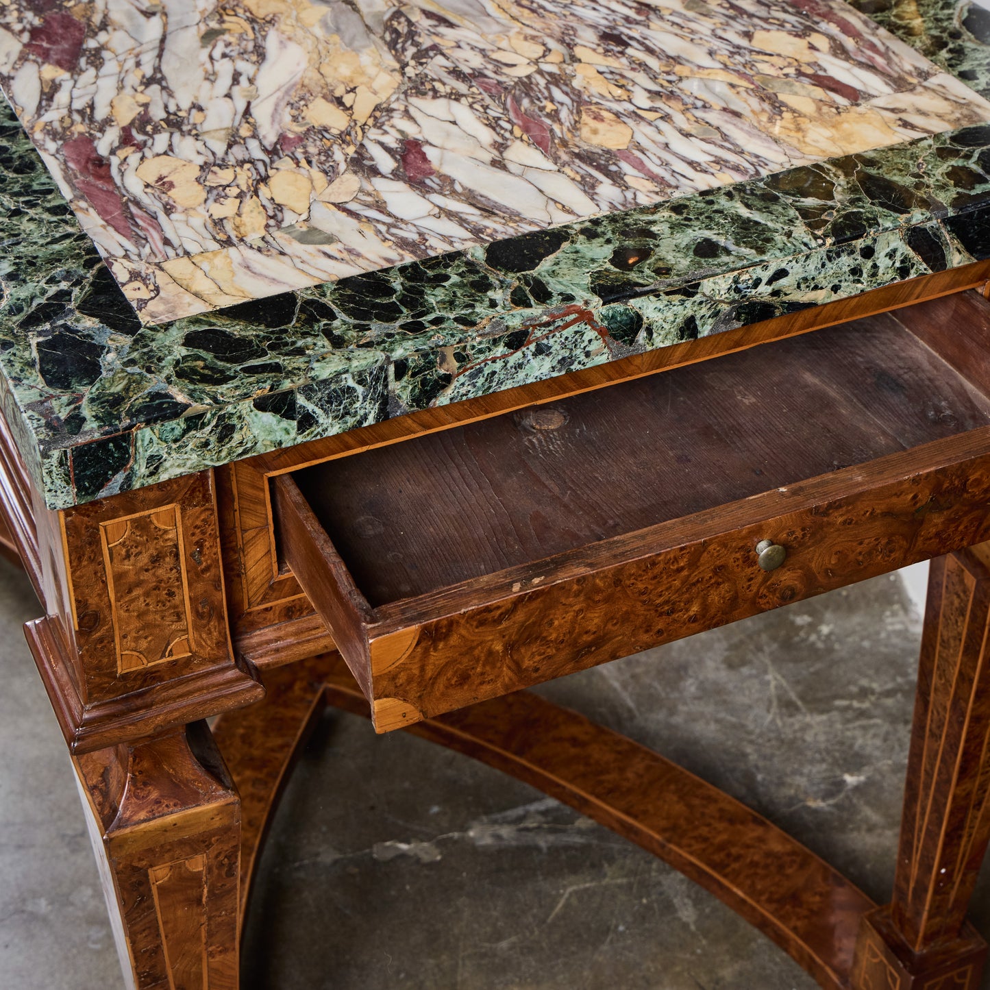 Pair of Italian 19th Century Burled Walnut and Pear-wood Consoles with Marble Tops