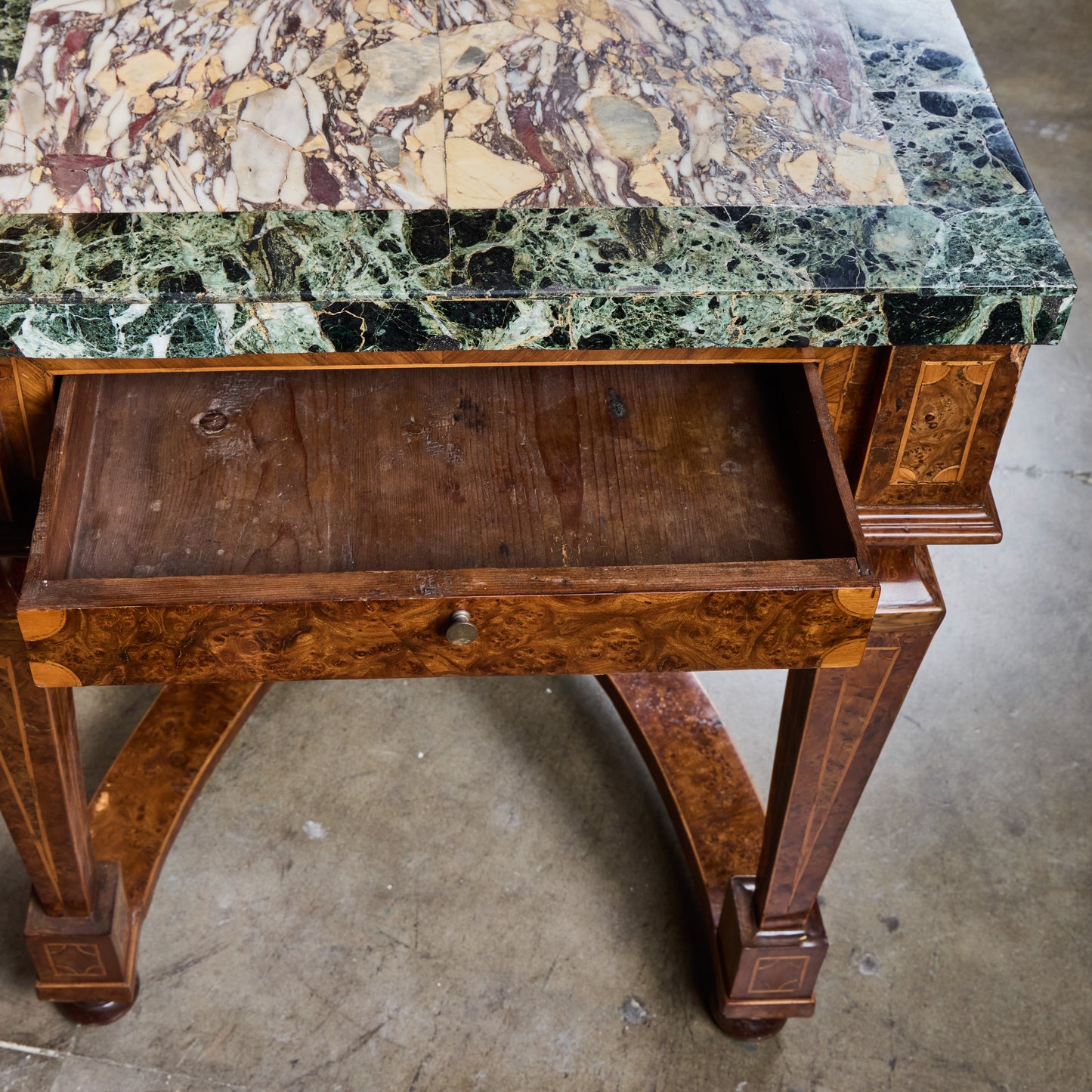 Pair of Italian 19th Century Burled Walnut and Pear-wood Consoles with Marble Tops