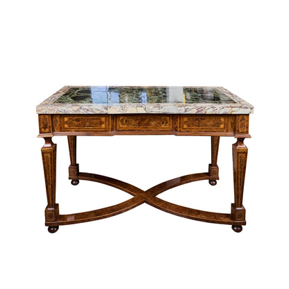 Pair of Italian 19th Century Burled Walnut and Pear-wood Consoles with Marble Tops