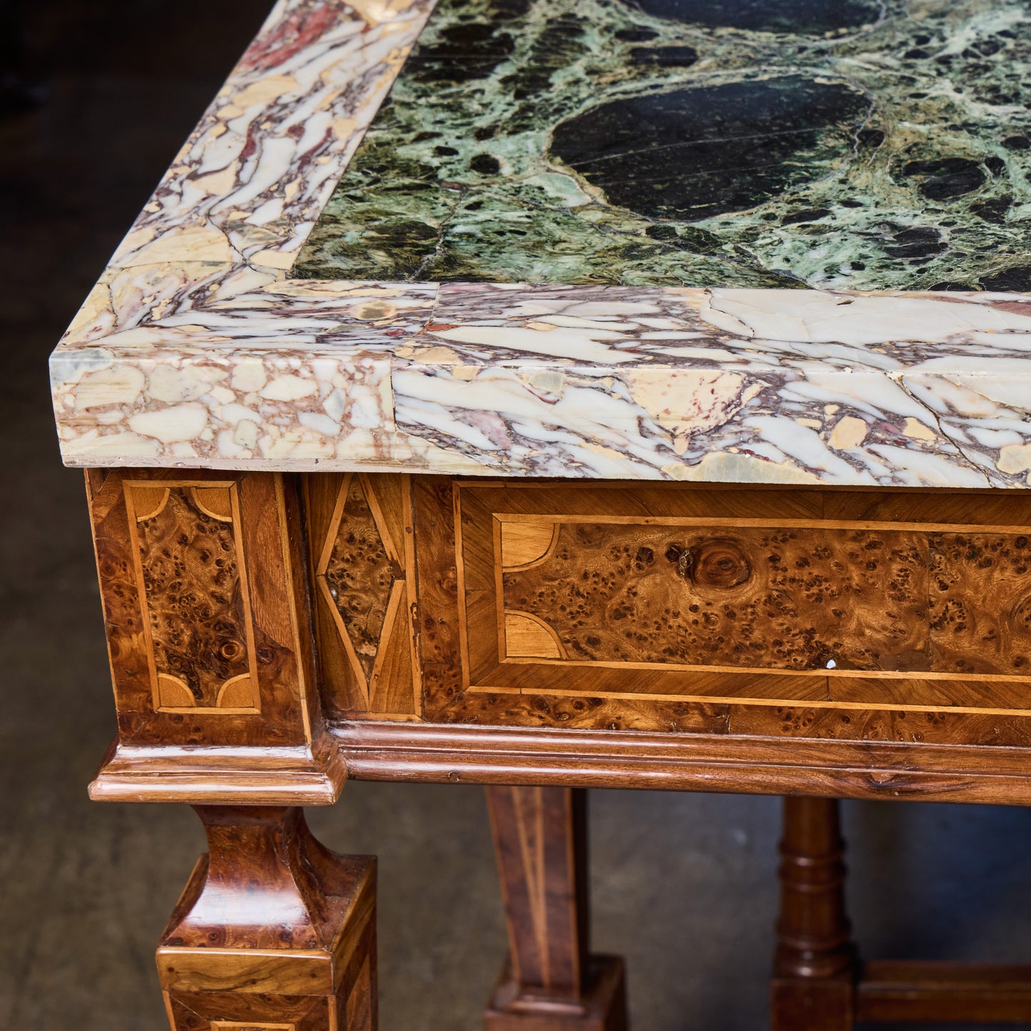 Pair of Italian 19th Century Burled Walnut and Pear-wood Consoles with Marble Tops